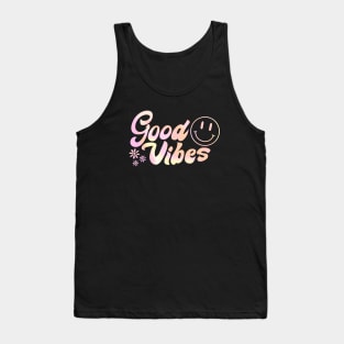 Groovy Vibes: 70s-inspired Art with Pink & Yellow Text and Smiley Face Tank Top
